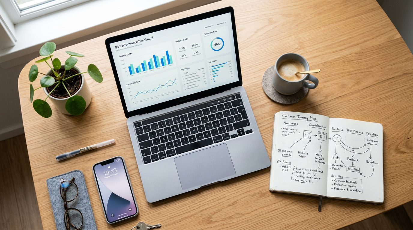 Organiserat skrivbord med laptop, anteckningar och kaffe.