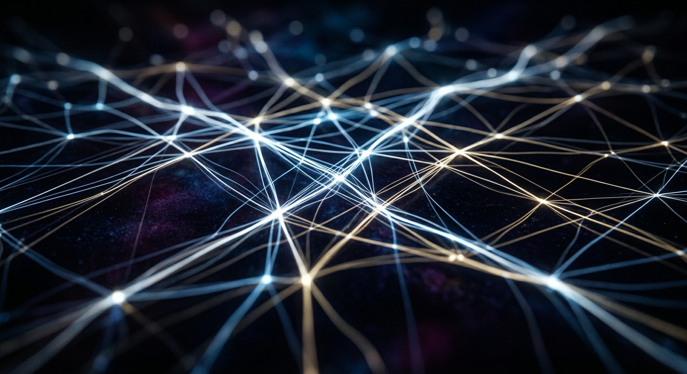 Abstrakt nätverk av ljuslinjer mot mörk bakgrund.