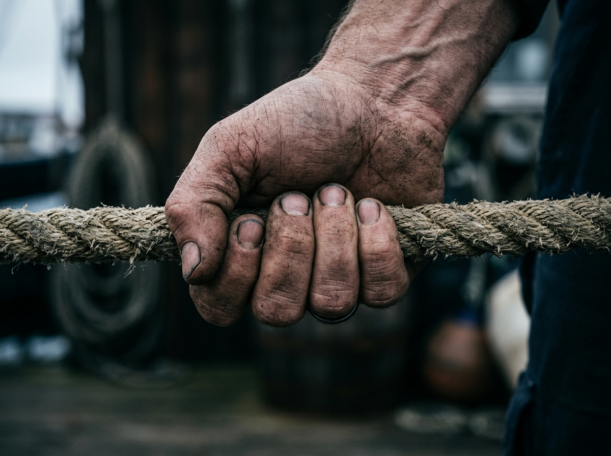 Hands greppar tjockt rep, textur och drama.