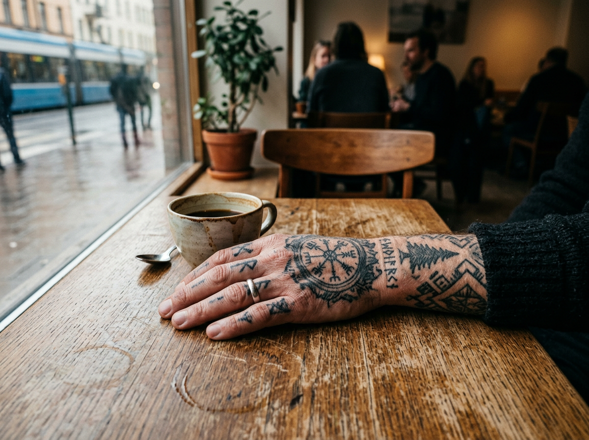 Tatuering på hand vid träbord, svenskt café.