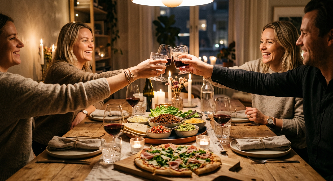 En högupplöst, stämningsfull bild av ett vackert dukat svenskt matbord en fredagskväll. Dämpad belysning, levande ljus. Rätter som tacos eller en hemgjord pizza står i centrum. Människor, delvis synli