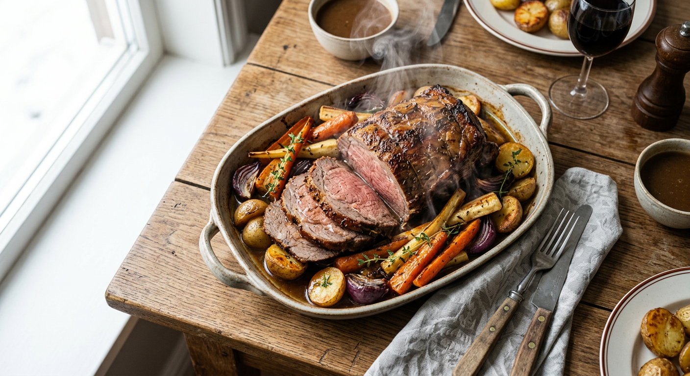 En närbild i fågelperspektiv på en klassisk söndagsstek som precis tagits ur ugnen. Köttet är perfekt brynt, omgivet av rotfrukter som morötter och palsternacka. Ånga stiger från rätten. Ljuset är nat
