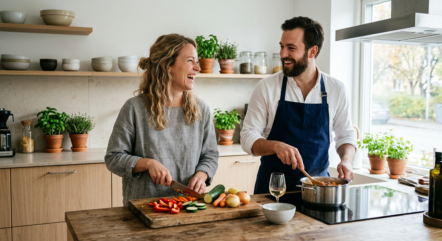 En actionbild från ett kök där två personer, kanske ett par, lagar mat tillsammans. De skrattar. En person hackar färgglada grönsaker på en träskärbräda. Miljön är ett modernt skandinaviskt kök, ljust