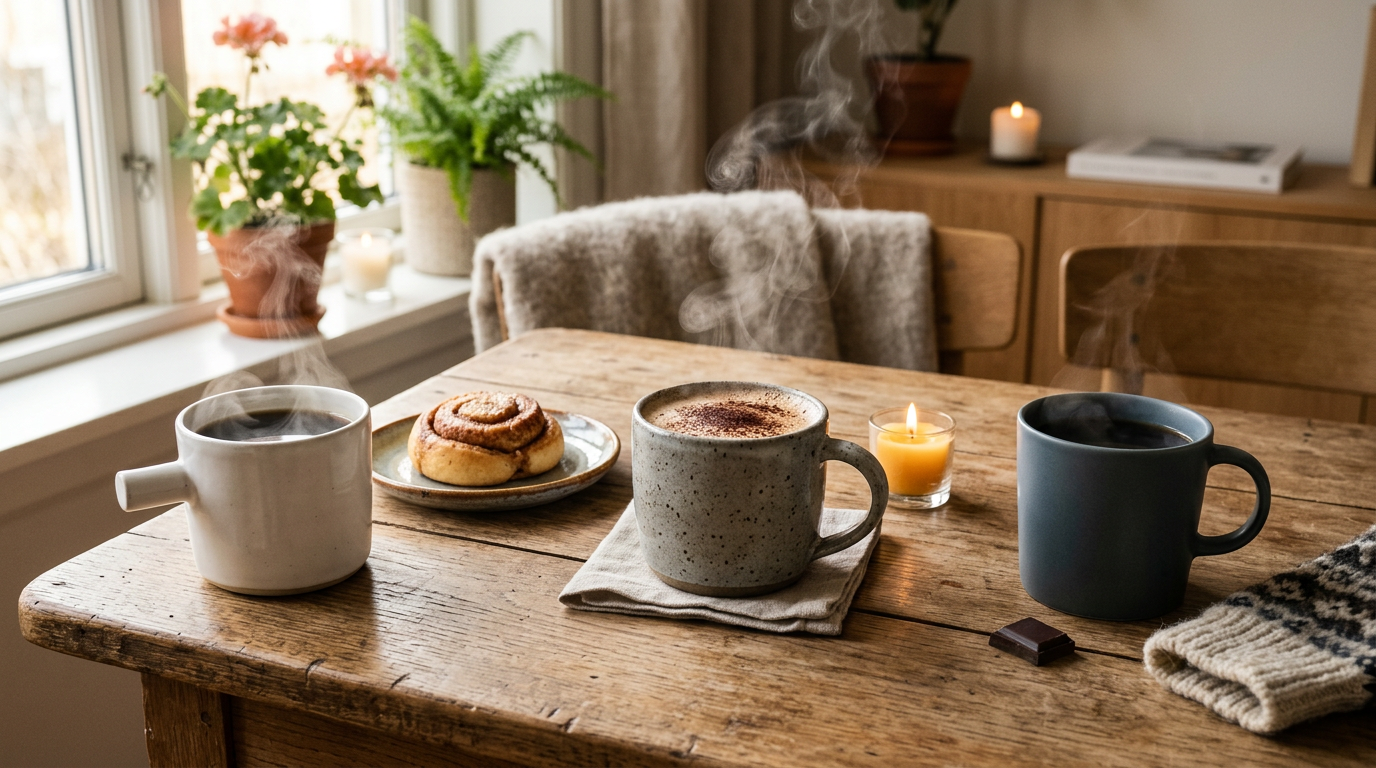 Tre kaffekoppar som symboliserar skandinavisk gemenskap och fika.