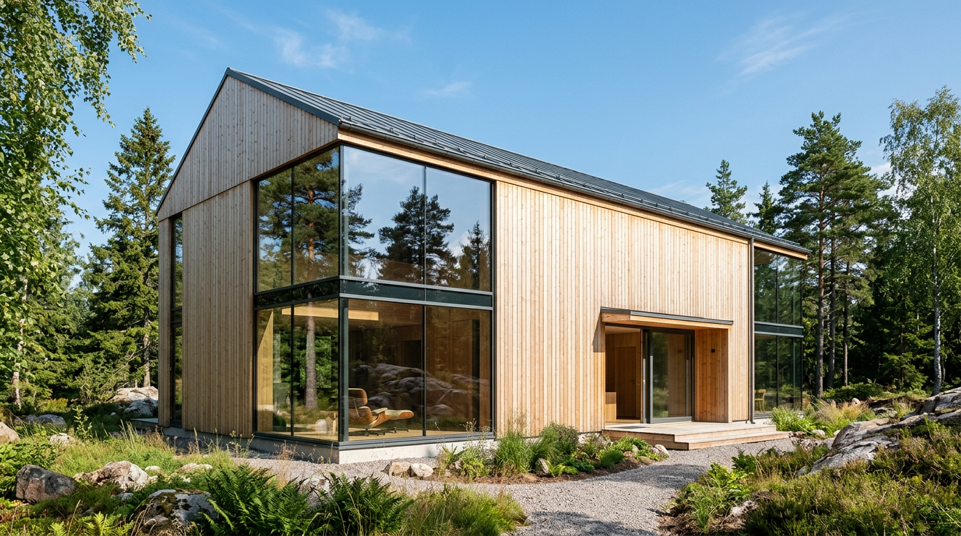 Modern skandinavisk arkitektur med träfasad och stora fönster.