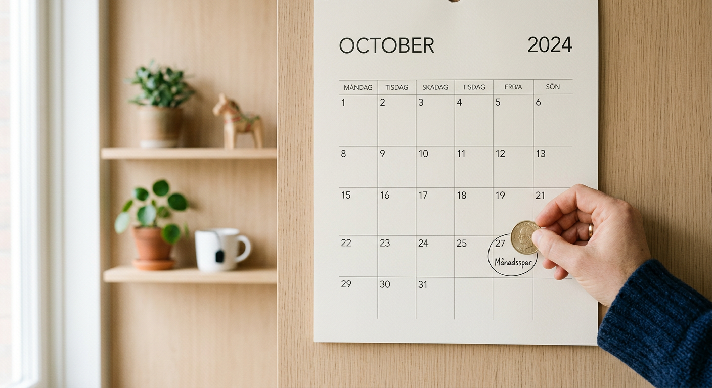 Hand sparar 10 kr på månadsspar-datum.