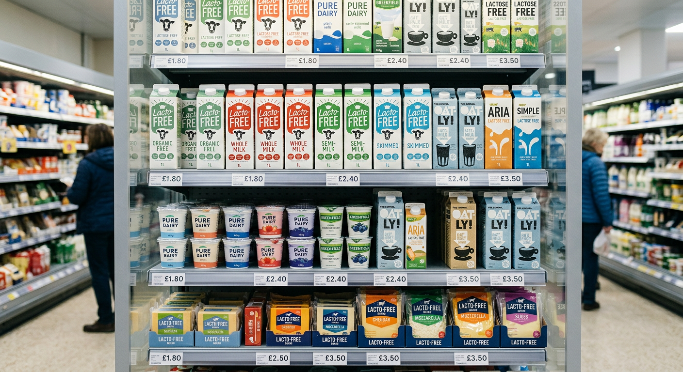 En butikshylla fylld med ett brett urval av laktosfria mejeriprodukter.