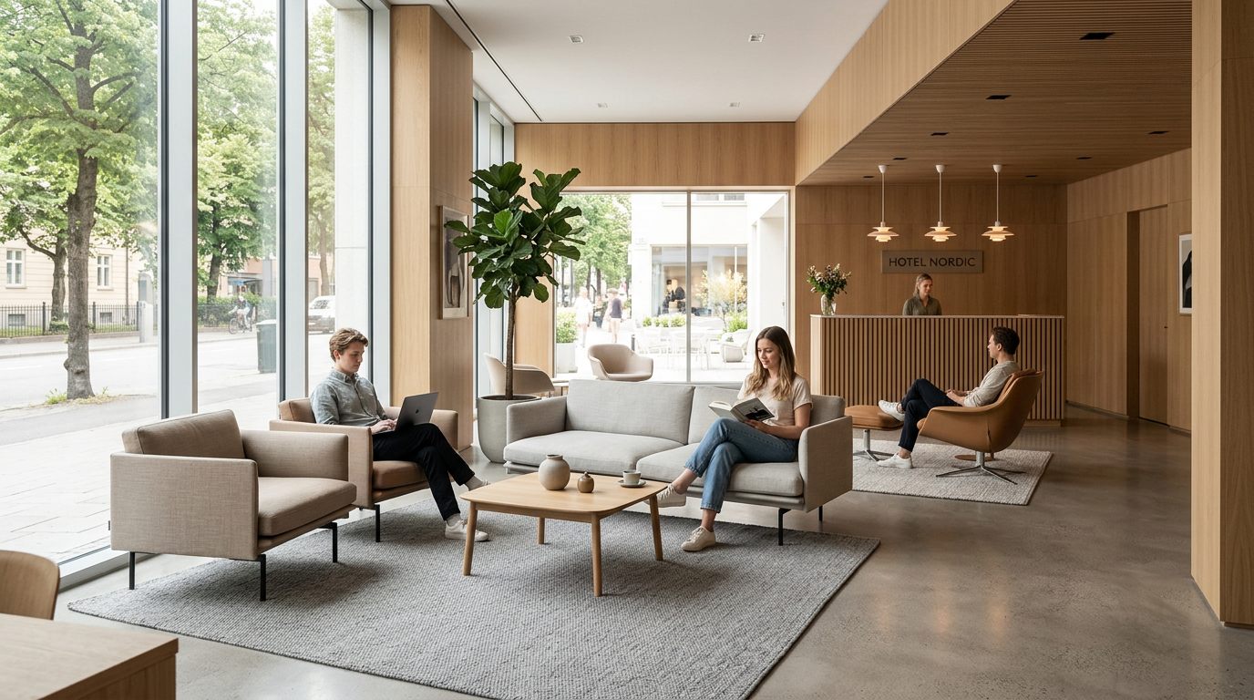Modern hotellobby i Stockholm med skandinavisk inredningsdesign.