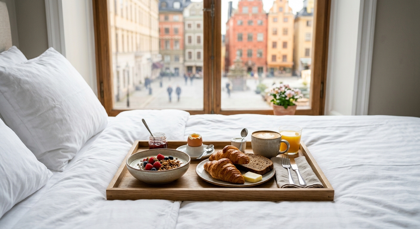 Hotellfrukost serverad på sängen med utsikt över Stockholm.