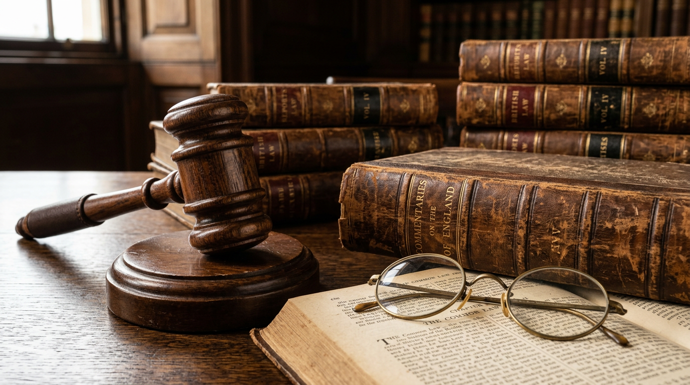 Närbild på en domarklubba och gamla lagböcker på ett skrivbord.