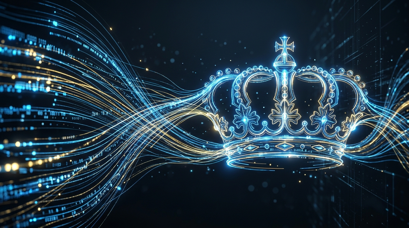 Digitala dataströmmar som formar en krona, symbol för e-kronan.