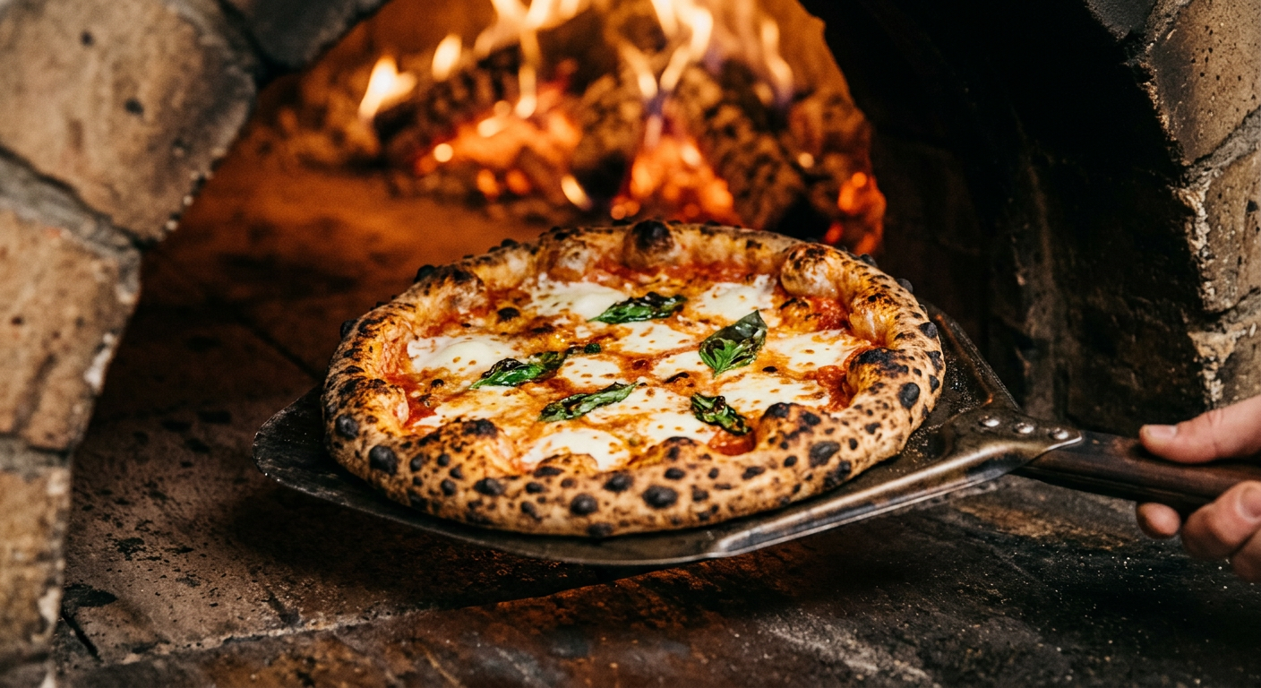 Bubblig napolitansk pizza dras ur stenugn, perfekt stekt.