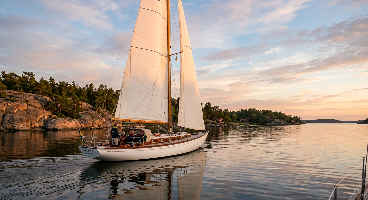 Segelbåt i solnedgång i en svensk skärgård.