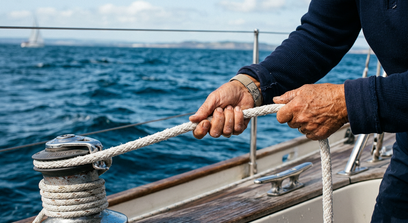 Händer som arbetar med rep och skot på en segelbåt.