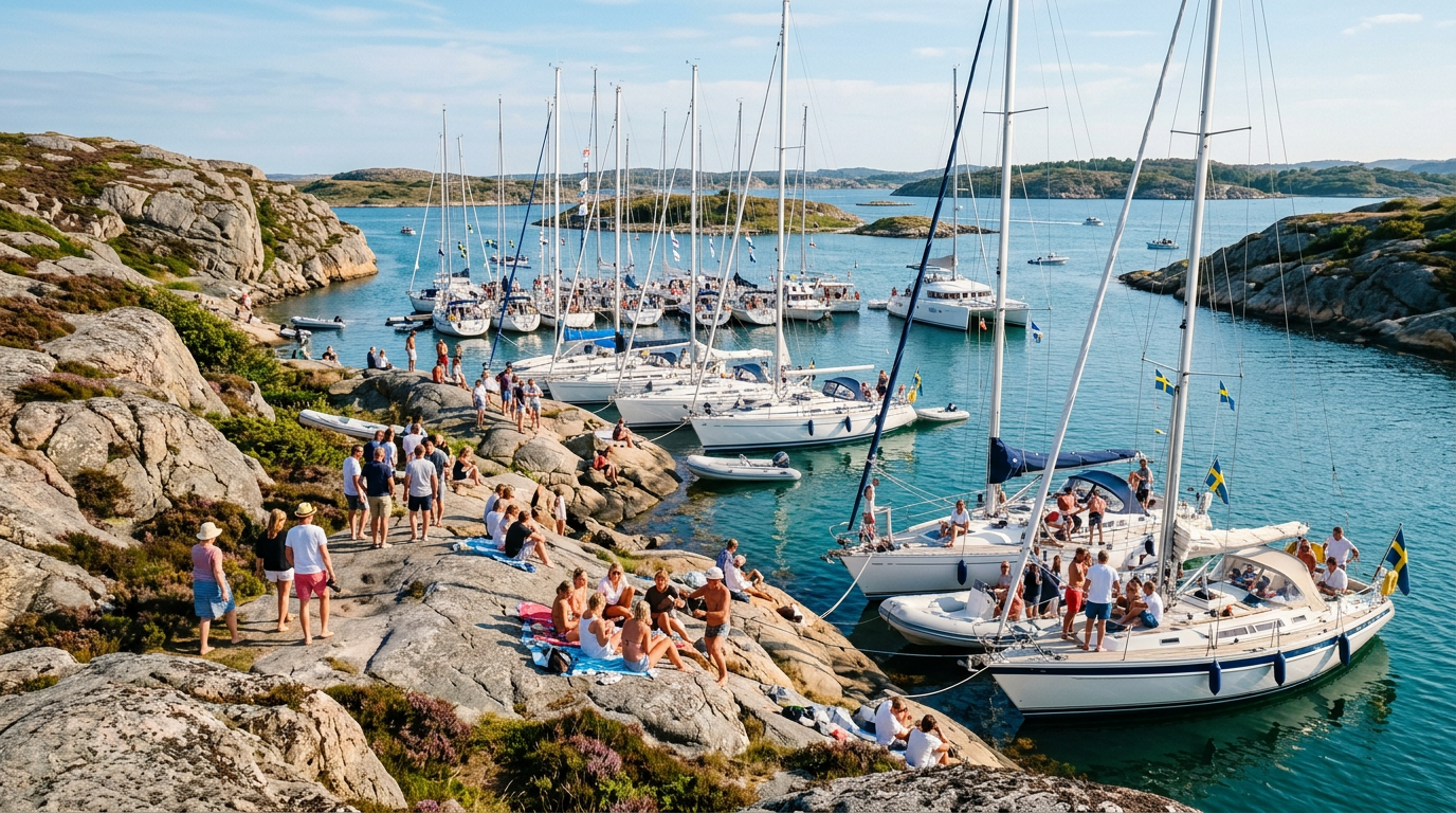 Segelbåtar och människor i en svensk naturhamn under sommaren.