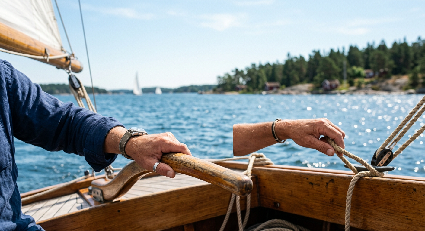 Händer styr segelbåt på blått vatten vid kust.