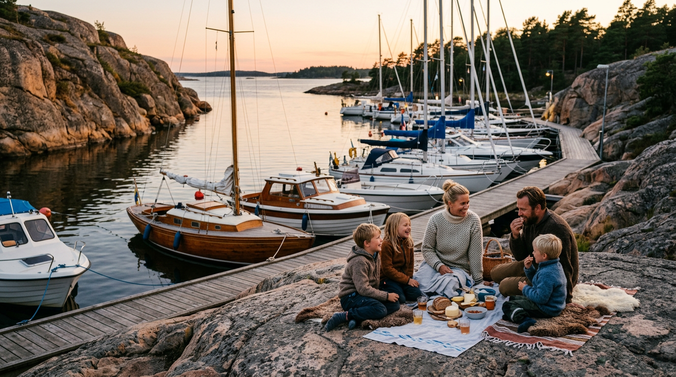 Mysig naturhamn i skymning med familj på picknick.