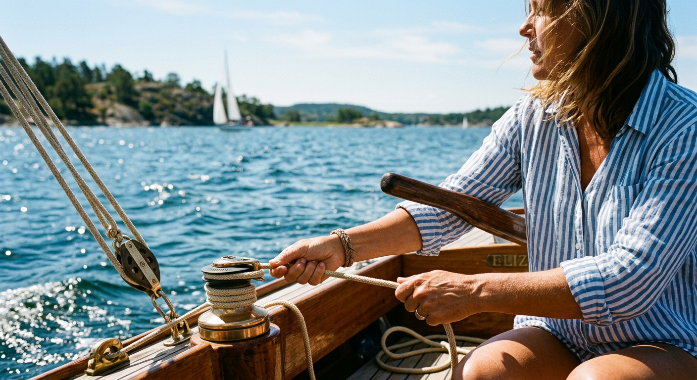 Händer styr segelbåt i soligt kustlandskap.