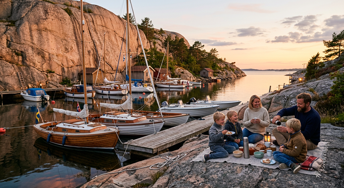Mysig naturhamn i skymningen med picknick på klipporna.