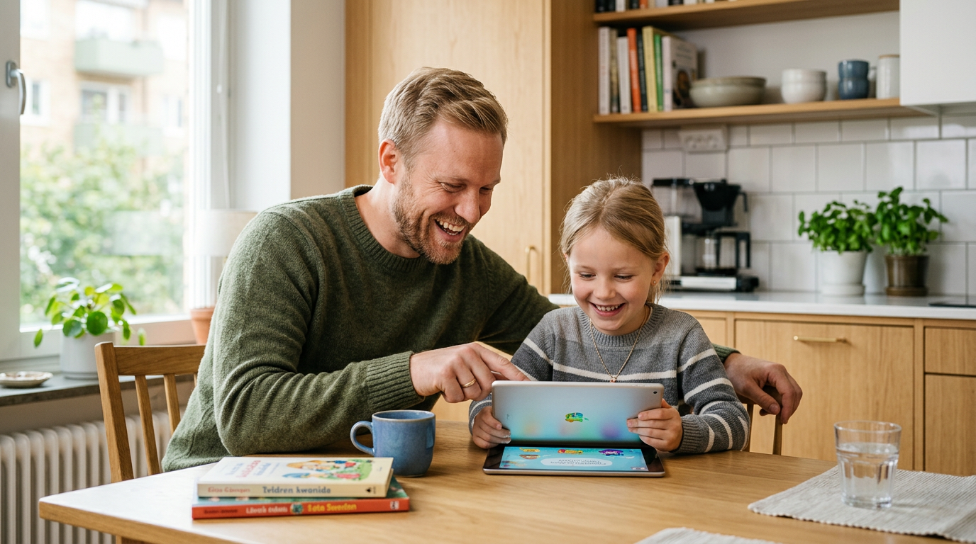 Pappa och dotter använder en surfplatta tillsammans vid ett köksbord.
