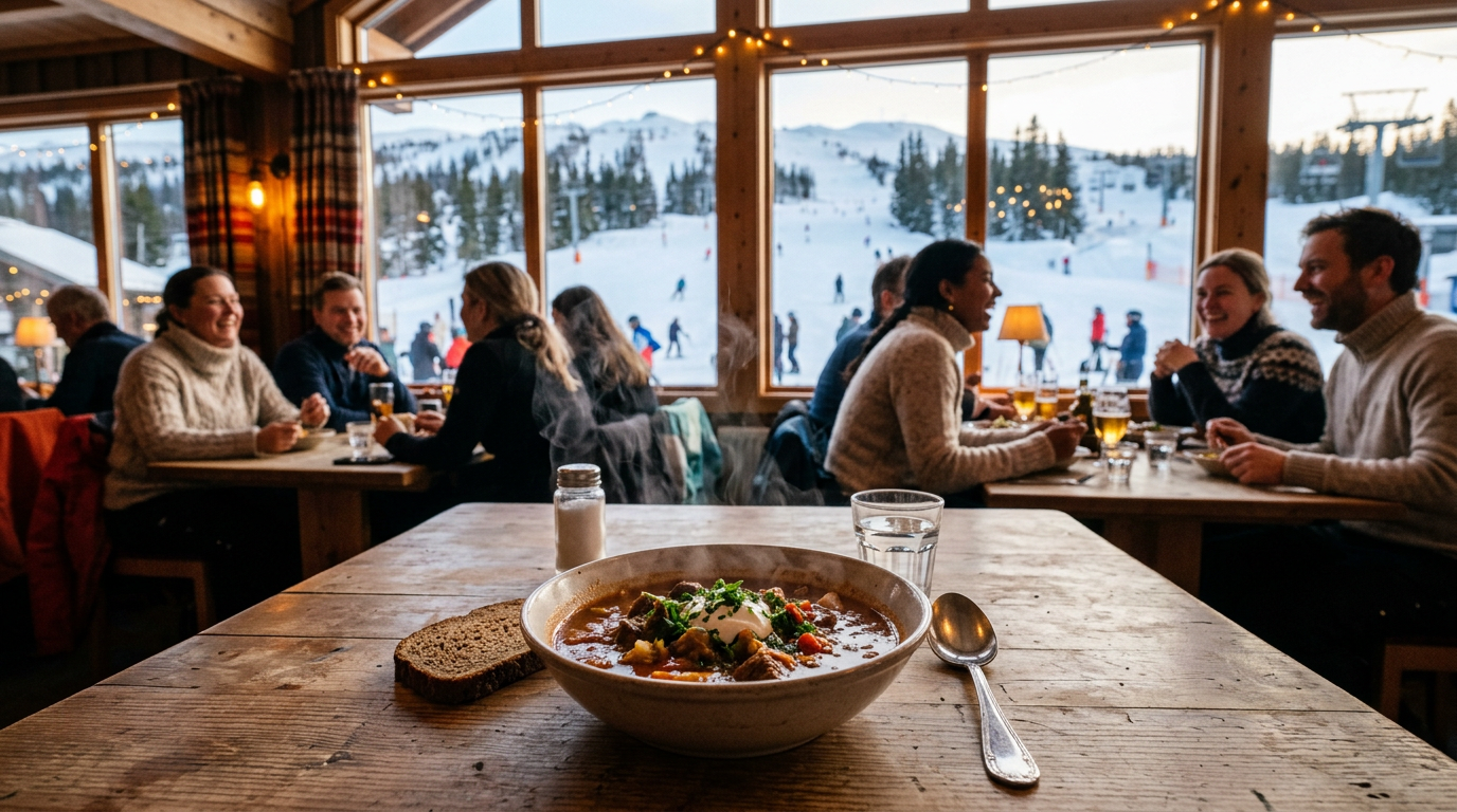 Stämningsfull bild från en restaurang i Alperna.