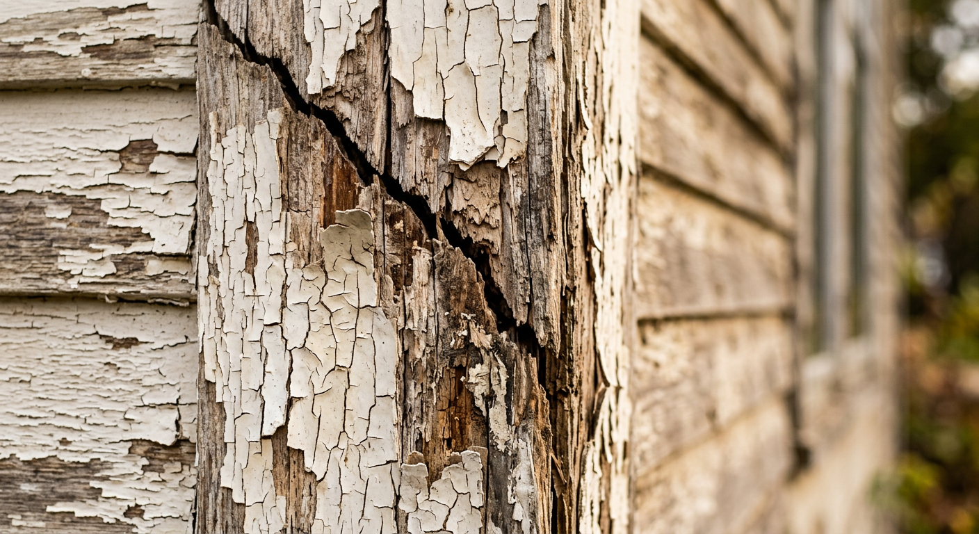 Närbild på en spricka och flagnande färg på husfasad.