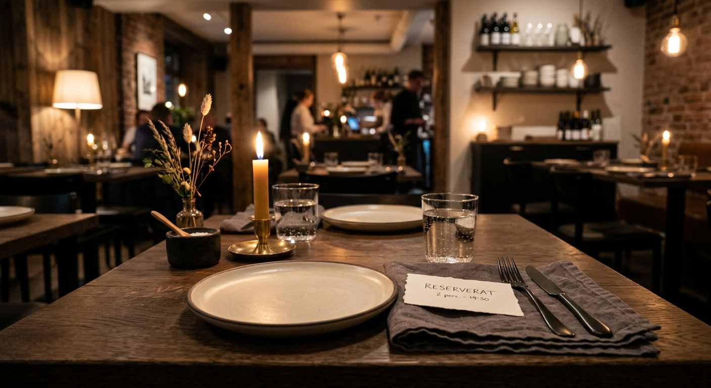 A sophisticated and inviting image of a beautifully set restaurant table in Scandinavia. The lighting is warm and ambient, hinting at a cozy dinner setting. The focus is on an empty_plate with a neatl