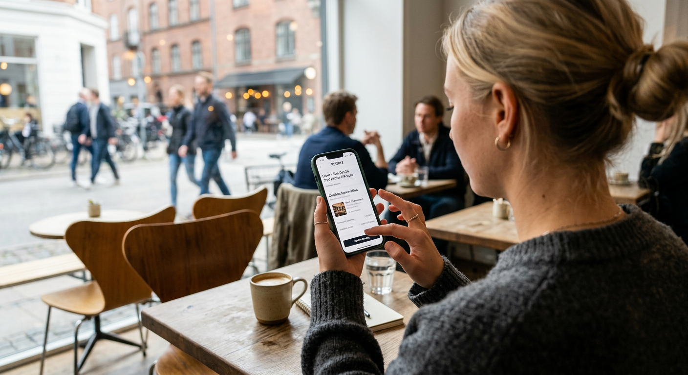 Over-the-shoulder shot of a person using a smartphone to make a table reservation. The screen shows a clean, modern interface of a booking app. In the background, slightly out of focus, is a bustling