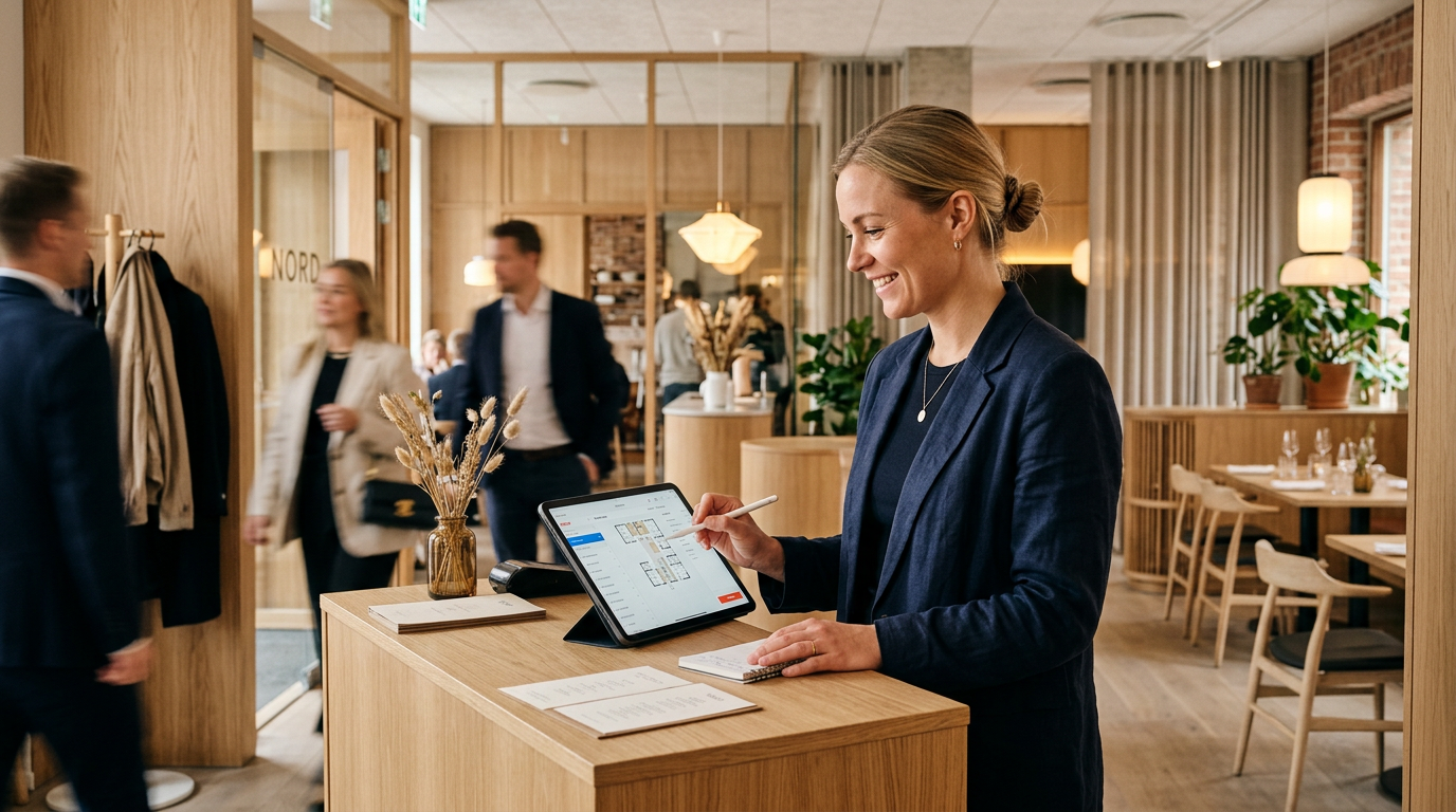A candid shot of a restaurant host or hostess managing bookings on a tablet. The person is smiling, looking professional and efficient. The background shows the entrance of a modern, stylish restauran