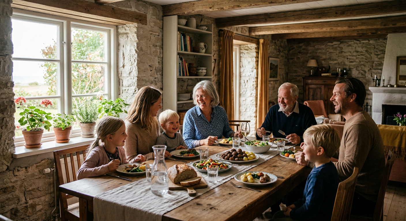 Familj samlad vid matbordet i rustik gotländsk villa.