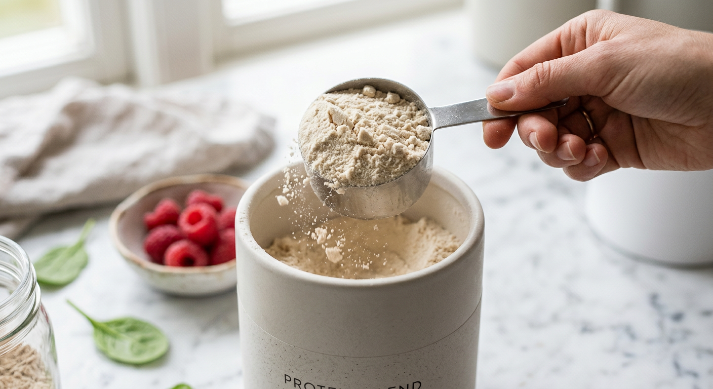 Skopa med proteinpulver med färska bär och spenat.