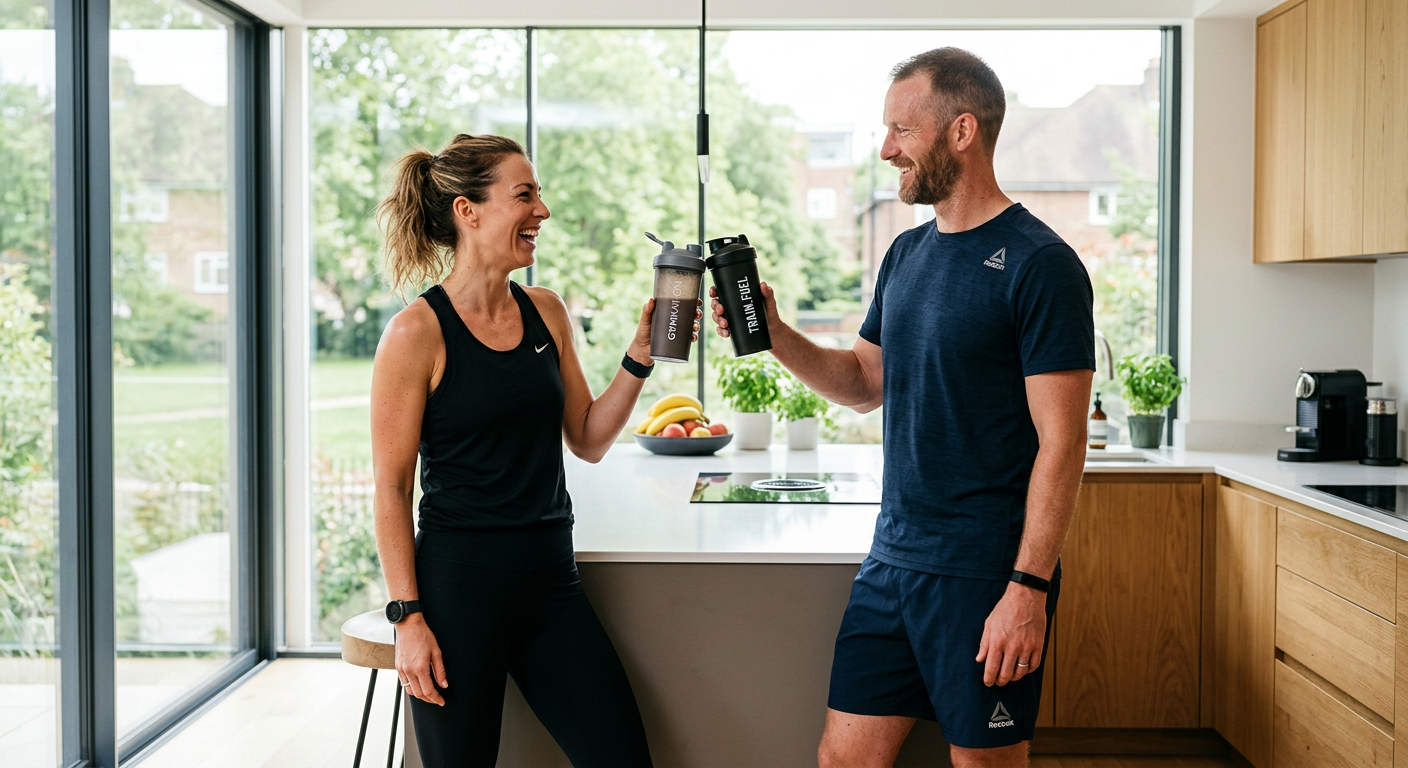 Man och kvinna i ett kök med proteindrycker.