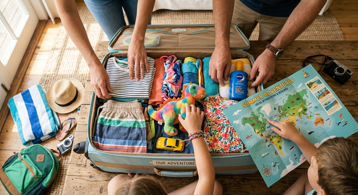 En familj packar en resväska med leksaker och sommarkläder.