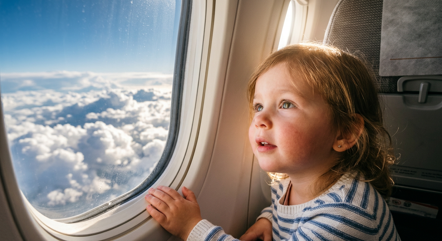 Ett litet barn tittar förundrat ut genom ett flygplansfönster.