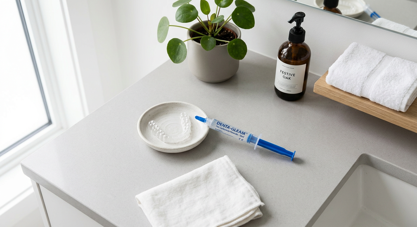 Modern tandblekningskit på minimalistisk badrumsbänk.