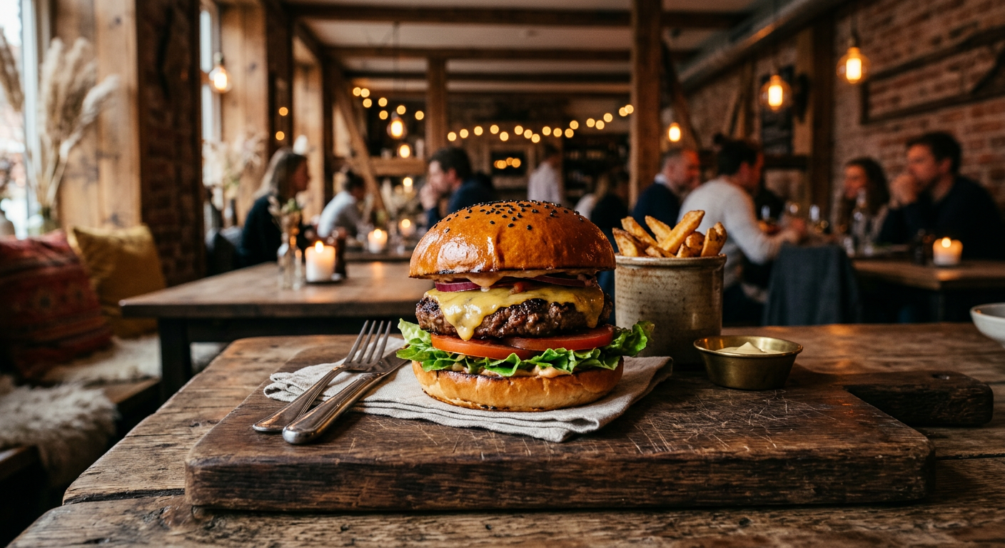 A cinematic, beautifully composed shot of a gourmet hamburger resting on a wooden board. The burger is perfectly assembled with a juicy patty, melted cheddar cheese, fresh lettuce, and a glossy brioch