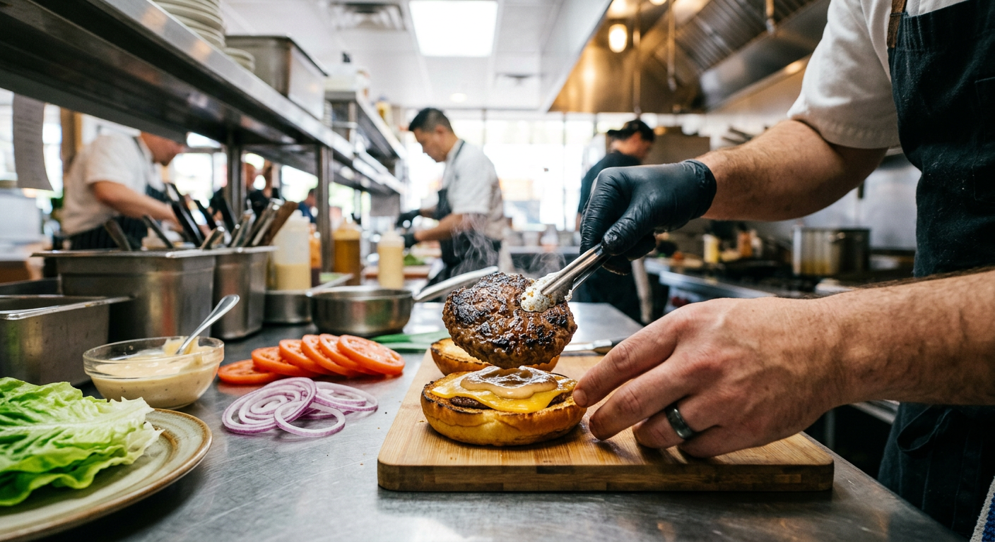 An action shot from a chef's perspective. Hands are carefully placing a perfectly seared beef patty onto a toasted bun inside a professional kitchen. Steam rises from the patty. The background shows s