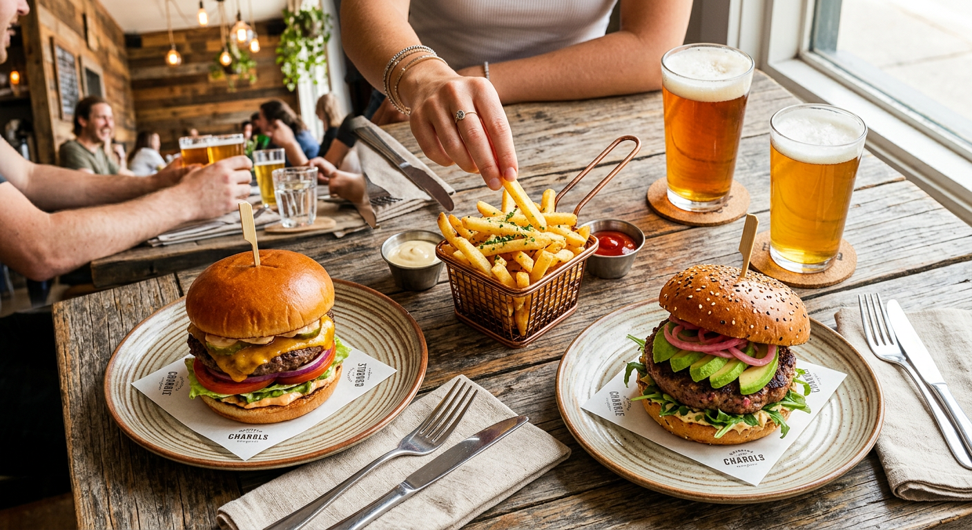 A vibrant flat-lay photograph of two different types of hamburgers, one classic and one with more unique toppings like avocado and pickled onions. French fries in a small metal basket and a couple of