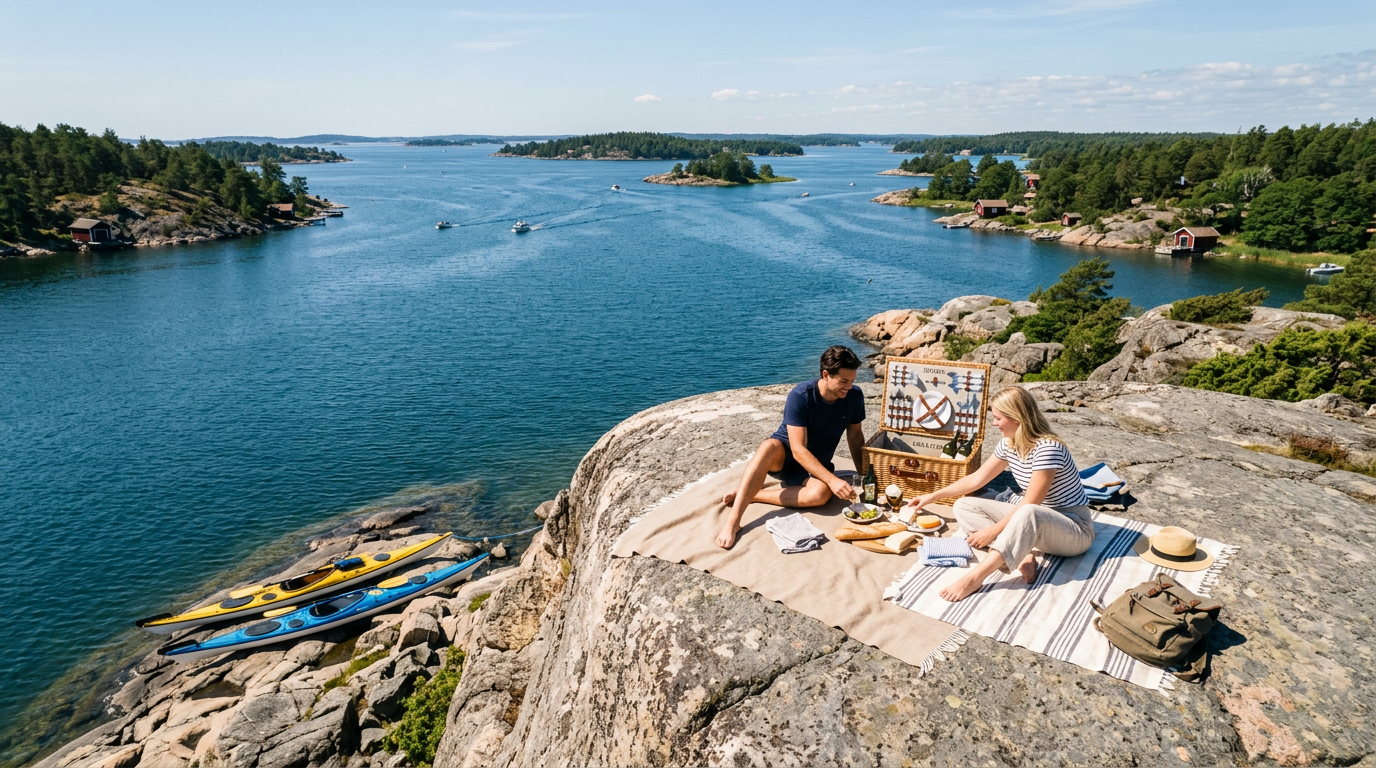 Två personer har picknick på en klippa bredvid sina kajaker.