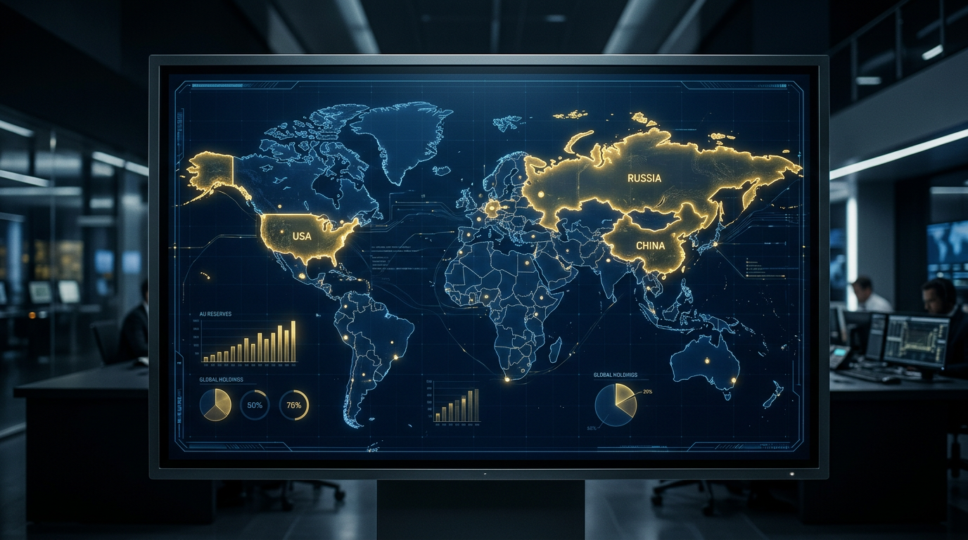 A world map displayed on a sleek, modern digital screen. The countries with the largest gold reserves (USA, Germany, China, Russia) are subtly highlighted with a golden glow. The image has a futuristi