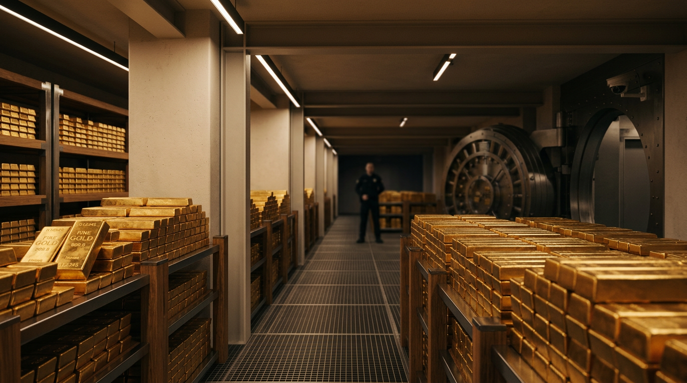 An artistic and slightly abstract photo of a vast, secure gold vault. Rows of gold bars stack into the distance, with the focus getting softer further away. The lighting is dim but warm, creating a se