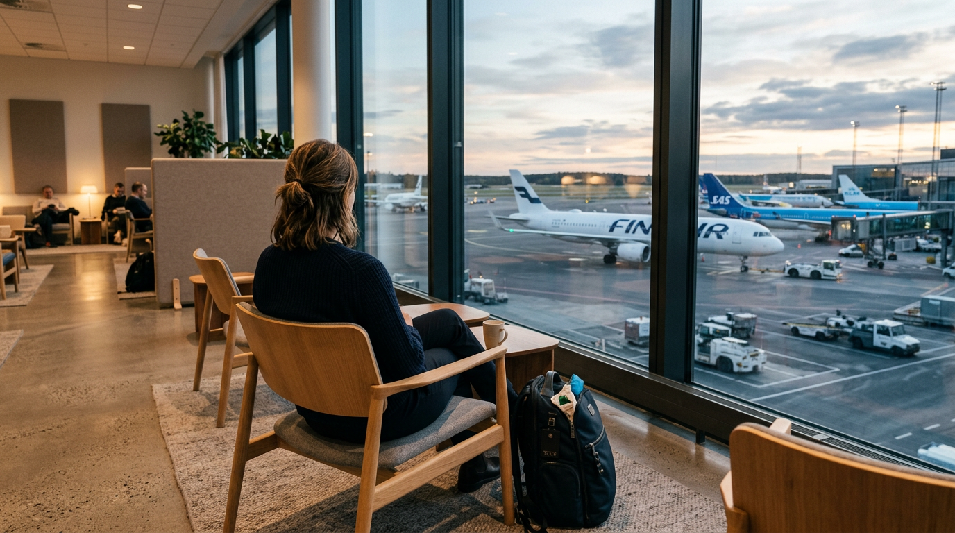 Person på flygplats som tittar ut över landningsbanan.