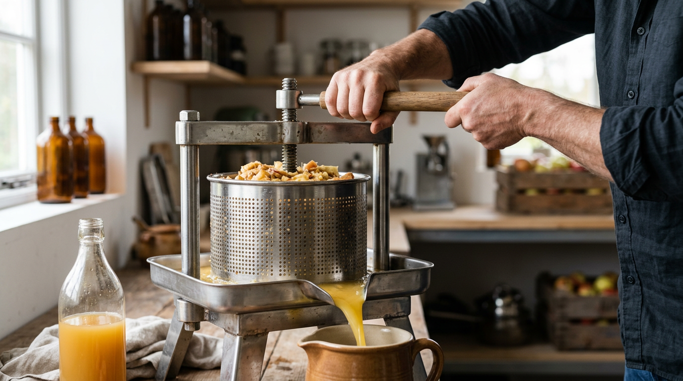 Äppelpress i rostfritt stål fyller behållare med must.