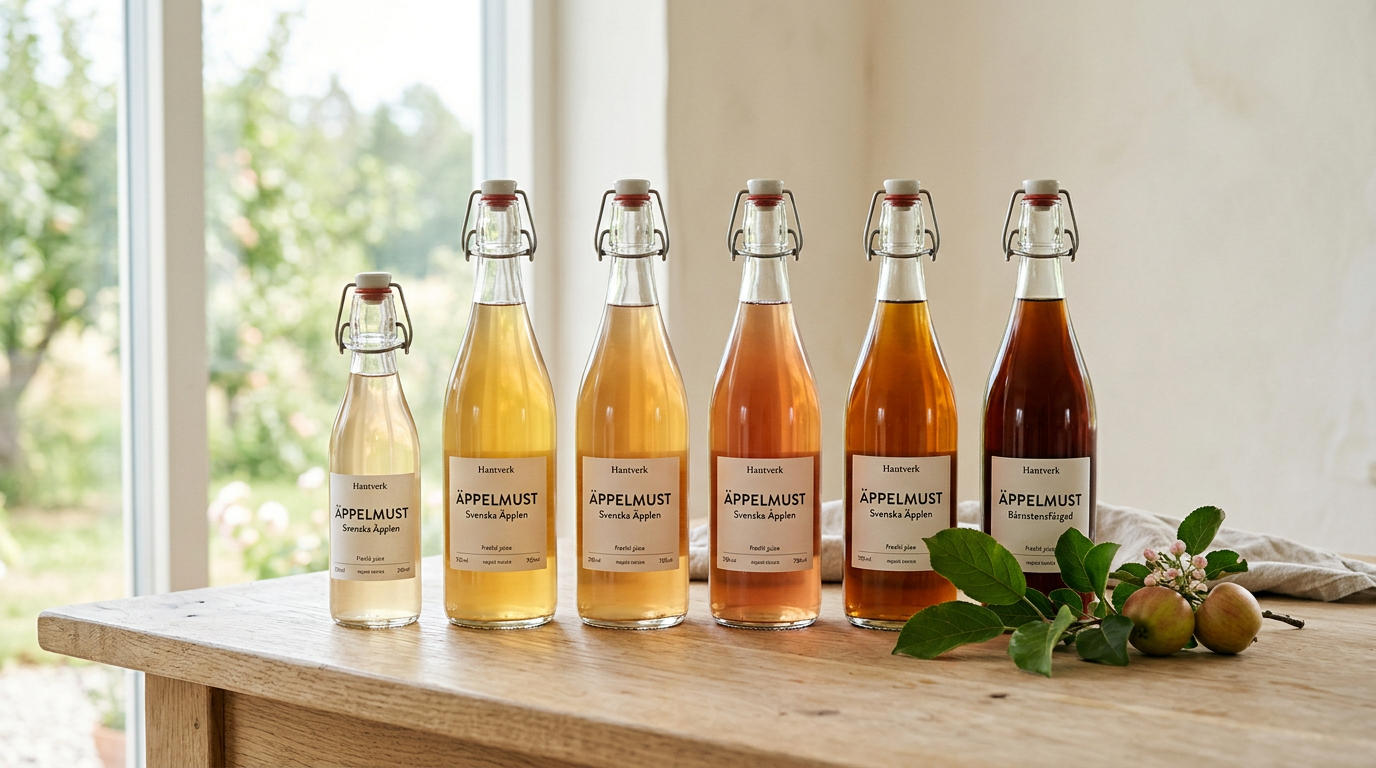Äppelmustflaskor i olika nyanser på träbord med äppelkvist.