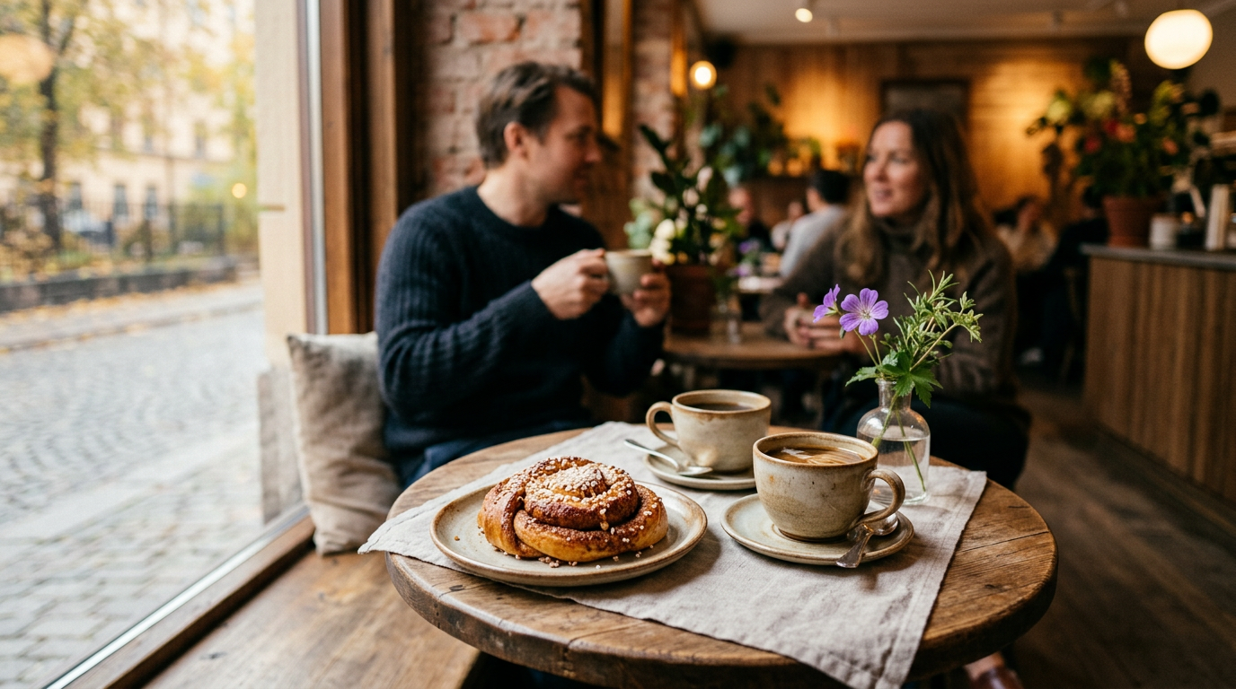 En mysig svensk fikastund med kaffe och kanelbulle.