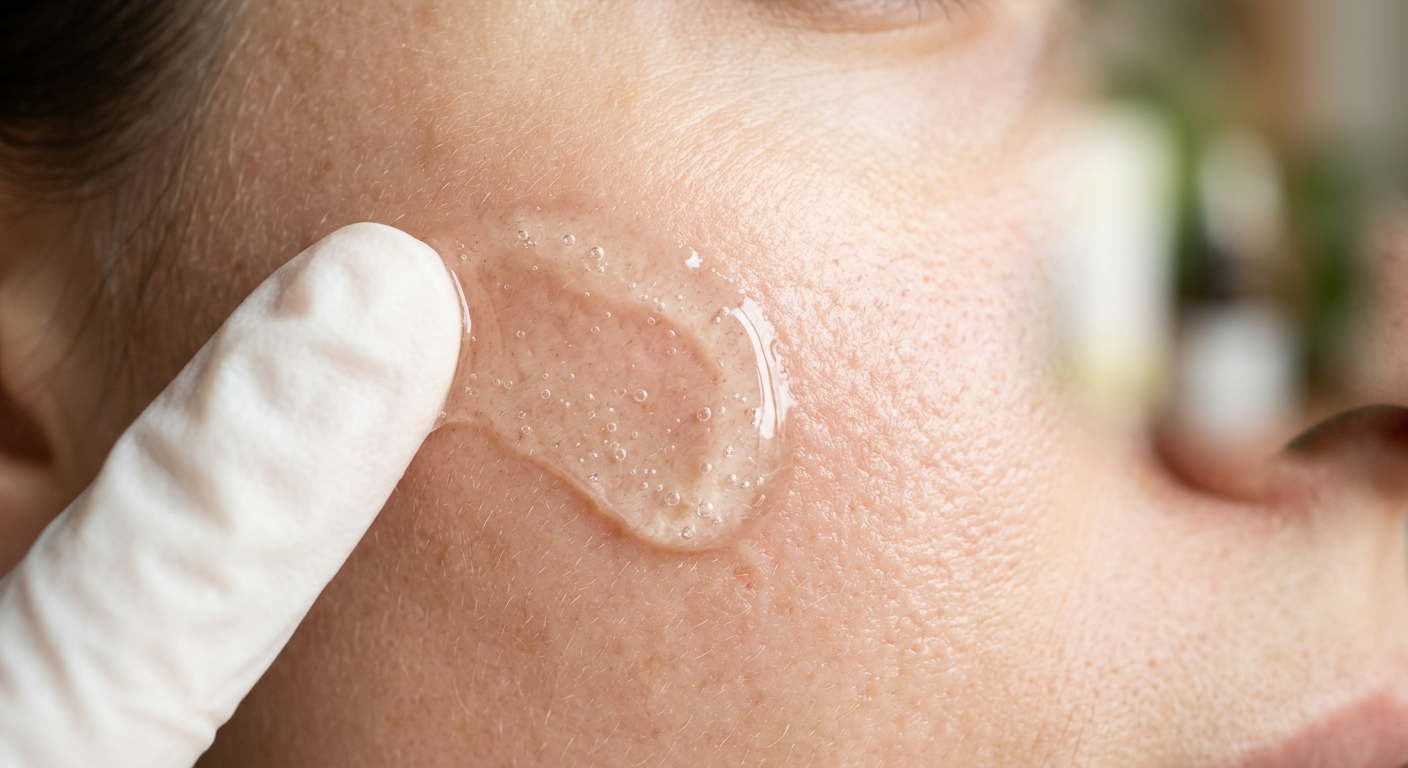 Närbild på ett genomskinligt peeling-serum som appliceras på huden.