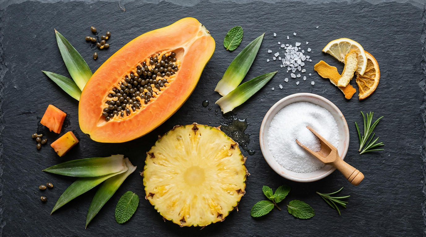 Naturliga ingredienser för peeling, inklusive papaya och ananas, på en skifferplatta.