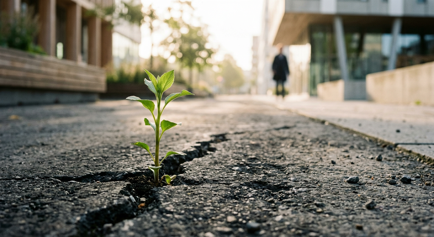 Grön planta växer genom betong, symbol för hopp och återhämtning.