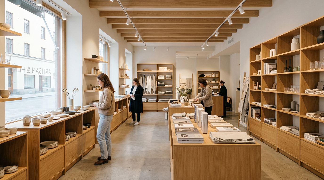 Ljus och modern butiksinredning med väl exponerade produkter.
