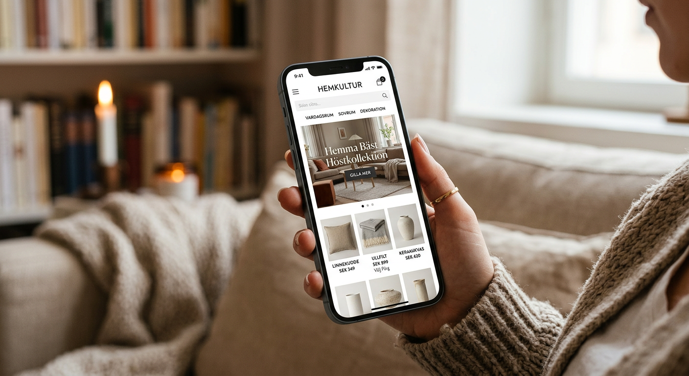 Person som navigerar en väldesignad e-handel på sin mobil.